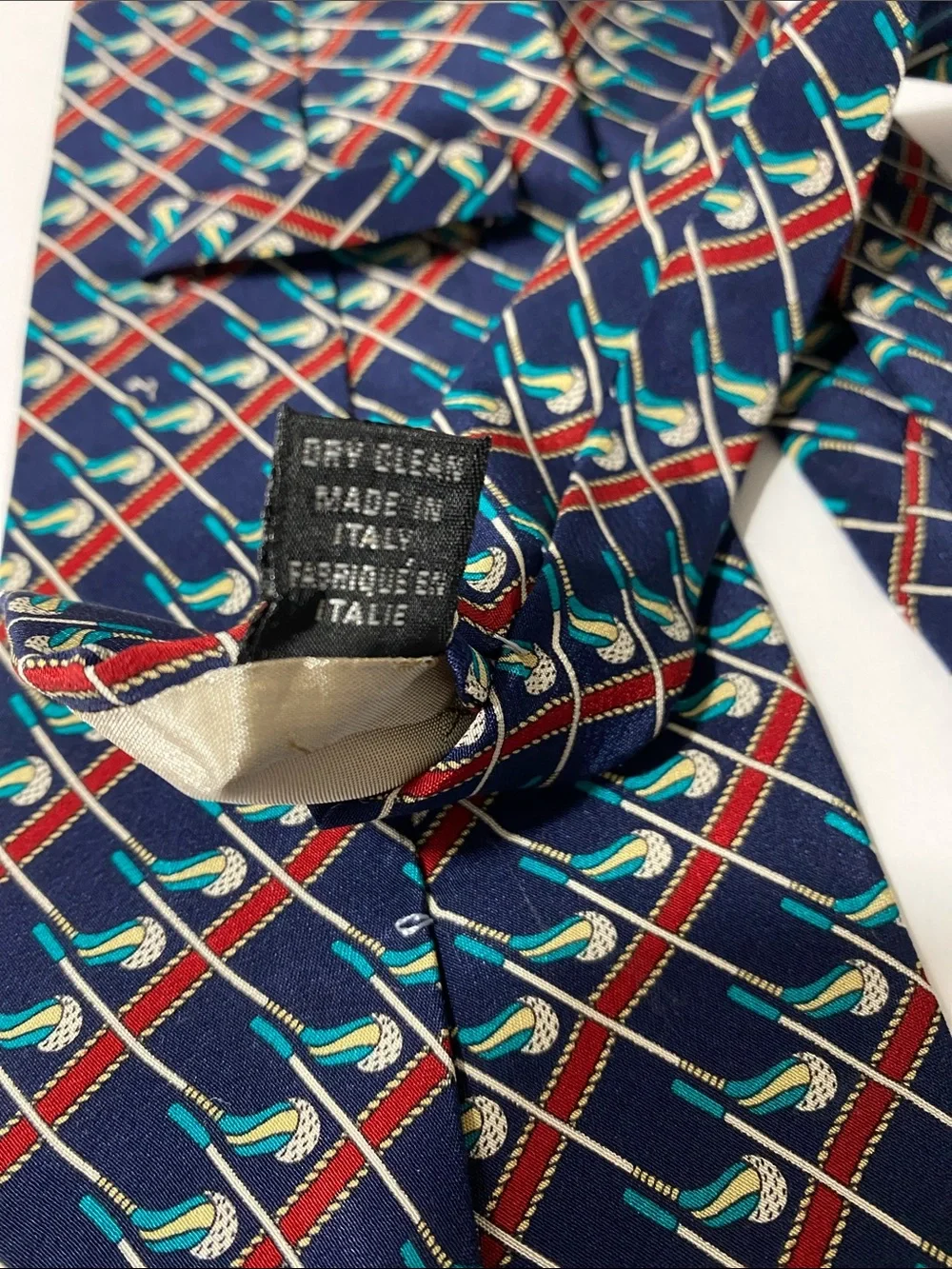Vintage Bally of Switzerland 100% Silk Tie Navy Blue Red Green Geometric Pattern